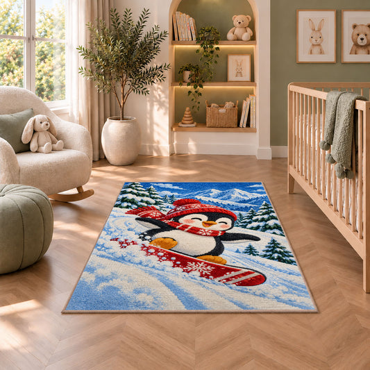 Snowboarding Penguin Rug in a nursery with a crib and armchair
