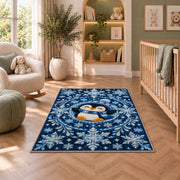 Snowflake Mandala Penguin Rug in a nursery with a crib and armchair