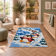 Penguin Parade Rug in a nursery with a crib and armchair