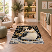 Elegant Penguin Rug in a nursery with a crib and armchair