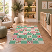 Retro Checkered Nurse Rug in a nursery with a crib and armchair