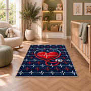 Heartbeat Stethoscope Rug in a nursery with a crib and armchair