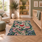 Floral Stethoscope Rug in a nursery with a crib and armchair