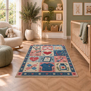 Nurse Patchwork Rug in a nursery with a crib and armchair