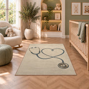 Minimalist Stethoscope Heart Rug in a nursery with a crib and armchair