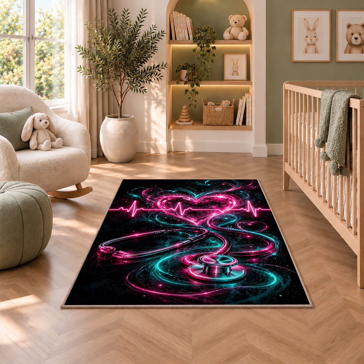 Neon Heartbeat Rug in a nursery with a crib and armchair