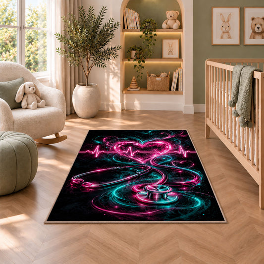 Neon Heartbeat Rug in a nursery with a crib and armchair