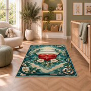 Nurse Cap Heart Rug in a nursery with a crib and armchair