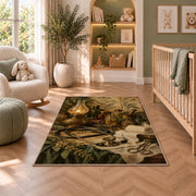 Vintage Apothecary Nurse Rug in a nursery with a crib and armchair