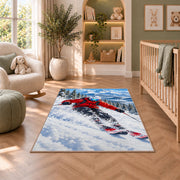 Downhill skier rug in a nursery with a crib and armchair