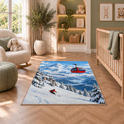 Alpine gondola rug in a nursery with a crib and armchair