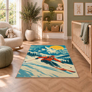Vintage ski poster rug in a nursery with a crib and armchair