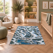 Ski resort trail map rug in a nursery with a crib and armchair