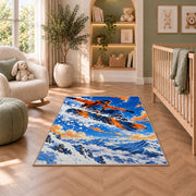 Snowboarder jump rug in a nursery with a crib and armchair