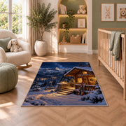 Ski cabin at night rug in a nursery with a crib and armchair
