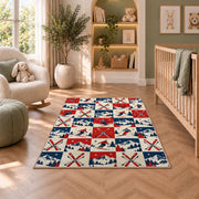 Checkered ski rug in a nursery with a crib and armchair