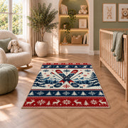 Nordic sweater skis rug in a nursery with a crib and armchair