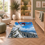 Ski jumper rug in a nursery with a crib and armchair