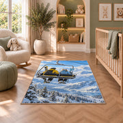 Chairlift skiers rug in a nursery with a crib and armchair