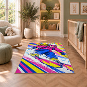 Pop art skier rug in a nursery with a crib and armchair