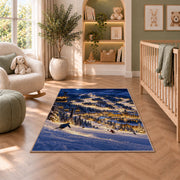 Night skiing resort rug in a nursery with a crib and armchair