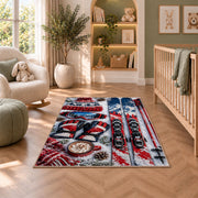 Ski gear flat lay rug in a nursery with a crib and armchair