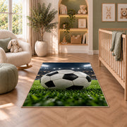 classic soccer ball under stadium lights rug in a nursery with a crib and armchair