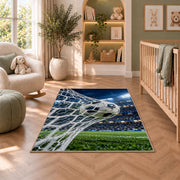 soccer ball hitting the net rug in a nursery with a crib and armchair