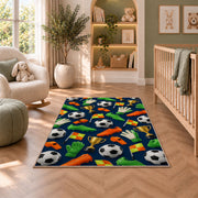 soccer gear pattern rug in a nursery with a crib and armchair