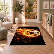 flaming soccer ball rug in a nursery with a crib and armchair