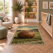 vintage leather soccer ball rug in a nursery with a crib and armchair