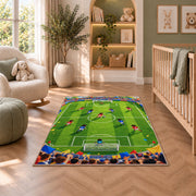 cartoon kids soccer match rug in a nursery with a crib and armchair