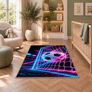 neon soccer ball and goal rug in a nursery with a crib and armchair