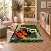orange soccer cleats and ball rug in a nursery with a crib and armchair