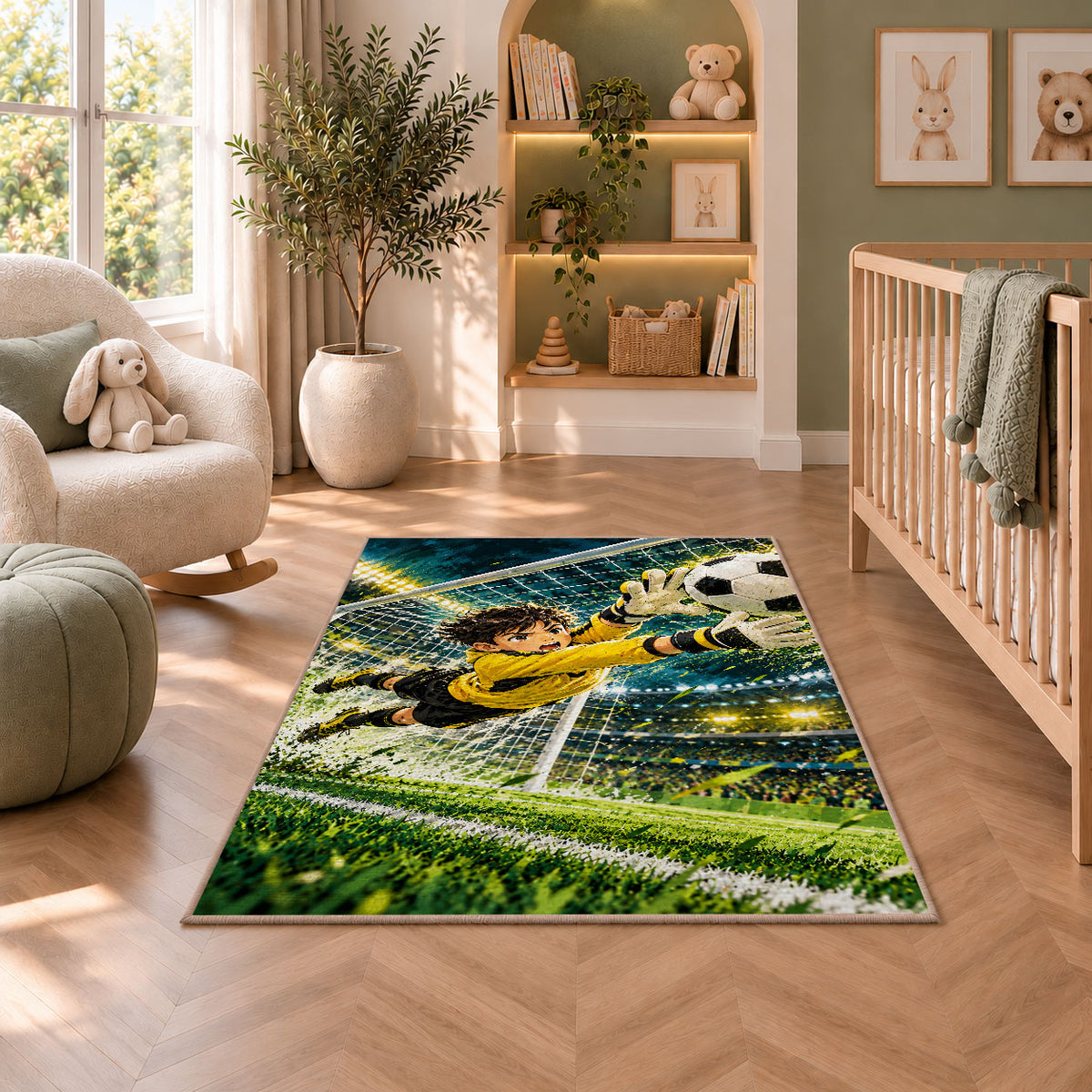 goalkeeper diving save rug in a nursery with a crib and armchair