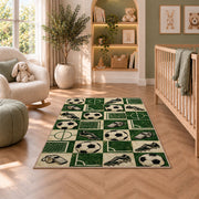 retro checkered soccer pattern rug in a nursery with a crib and armchair