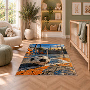 street soccer court rug in a nursery with a crib and armchair