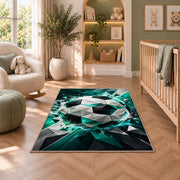 low poly geometric soccer ball rug in a nursery with a crib and armchair