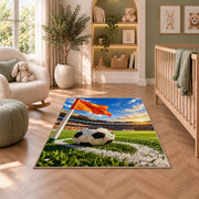 corner flag and soccer ball rug in a nursery with a crib and armchair