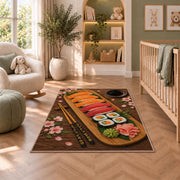 Sushi Platter Rug in a nursery with a crib and armchair