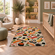 Sushi Pattern Rug in a nursery with a crib and armchair