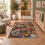 Conveyor Belt Sushi Rug in a nursery with a crib and armchair