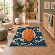 Salmon Nigiri Rug in a nursery with a crib and armchair