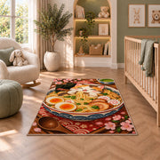 Cat Ramen Rug in a nursery with a crib and armchair