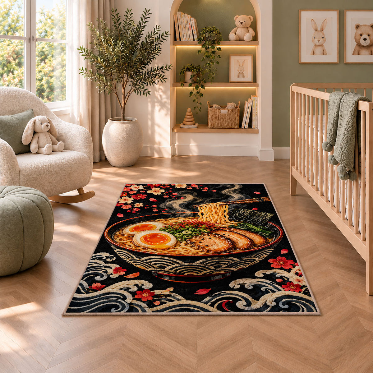 Ramen Bowl on Black Rug in a nursery with a crib and armchair