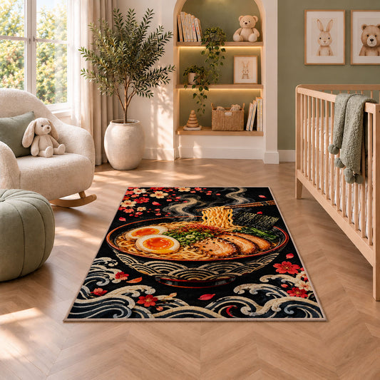 Ramen Bowl on Black Rug in a nursery with a crib and armchair