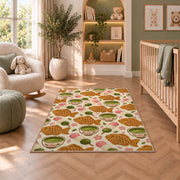 Taiyaki and Matcha Rug in a nursery with a crib and armchair