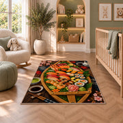 Sushi Boat Rug in a nursery with a crib and armchair