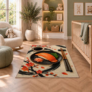 Minimalist Sushi Rug in a nursery with a crib and armchair