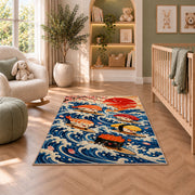 Surfing Sushi Rug in a nursery with a crib and armchair